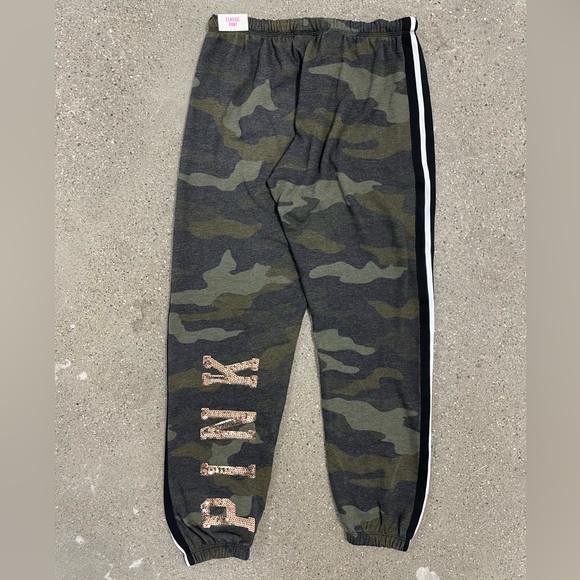 NWT VICTORIA'S SECRET “PINK” Gold Bling Sequin Classic Sweatpant Camo Size Small - Picture 1 of 14